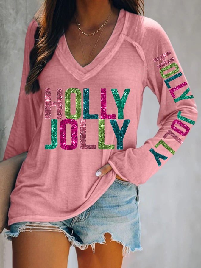 Women's Christmas Holly Jolly Printed Long Sleeve T-Shirt