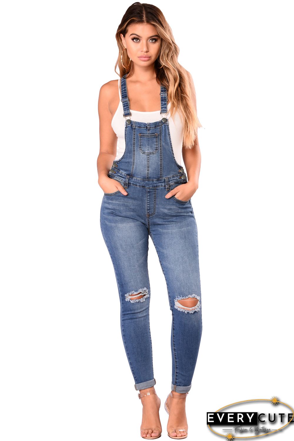 Medium Blue Wash Knee Slit Denim Overalls