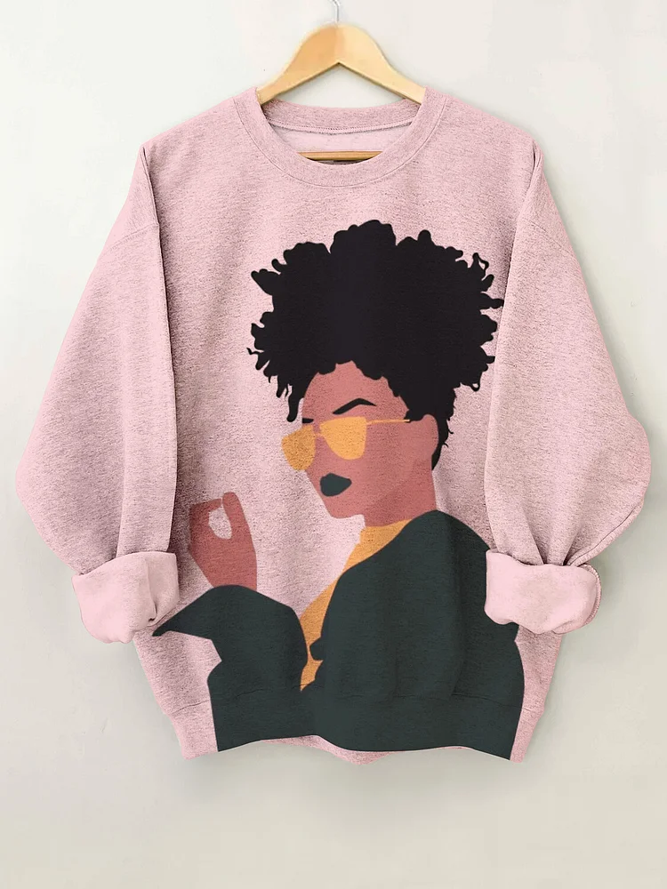 Women's Black Lady Wearing Sunglasses Art Print Casual Sweatshirt