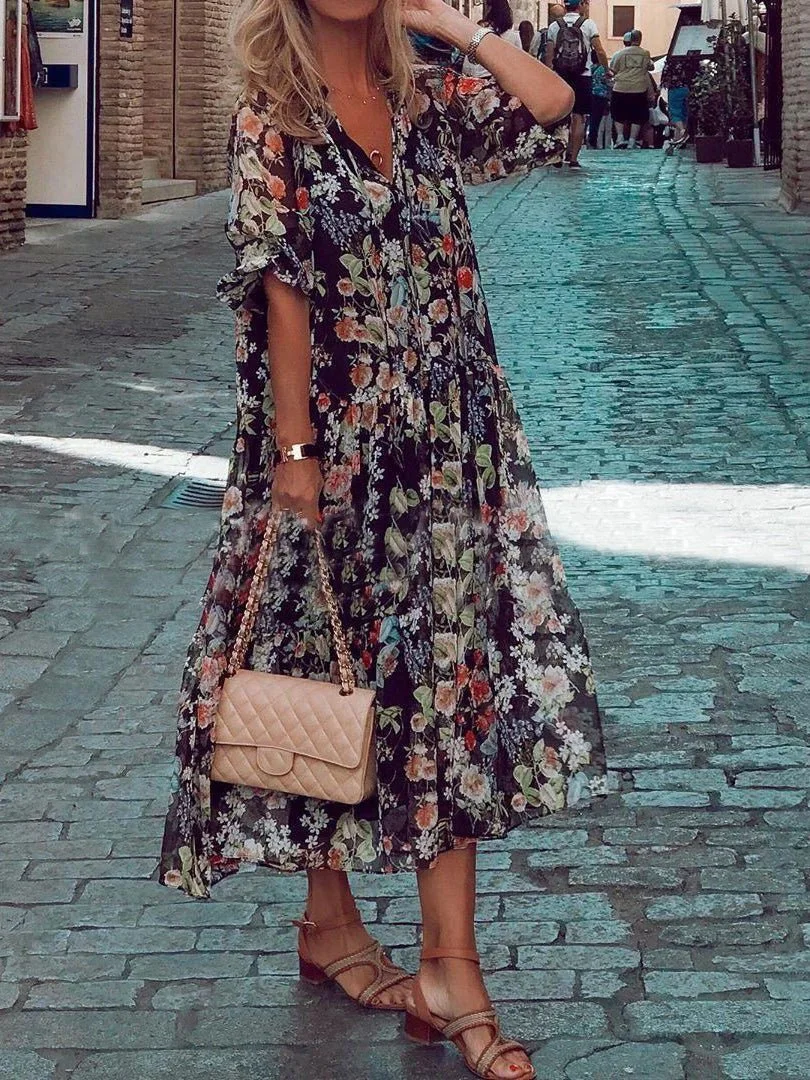 Women'S Dresses Loose V-Neck Lace-Up Print Dress