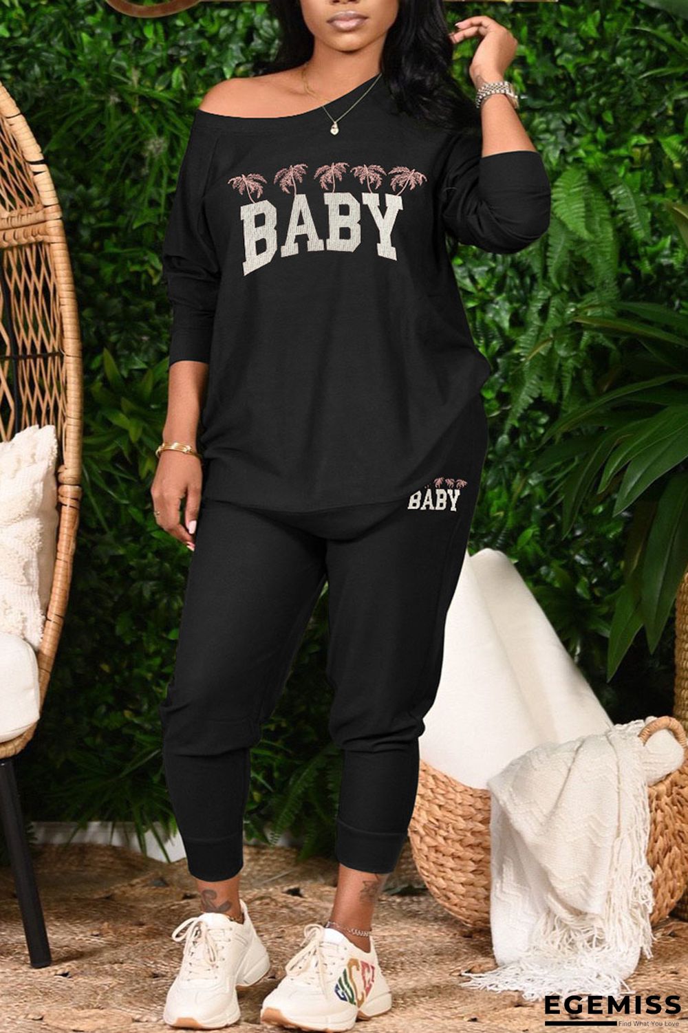Black Casual Print Patchwork O Neck Long Sleeve Two Pieces | EGEMISS