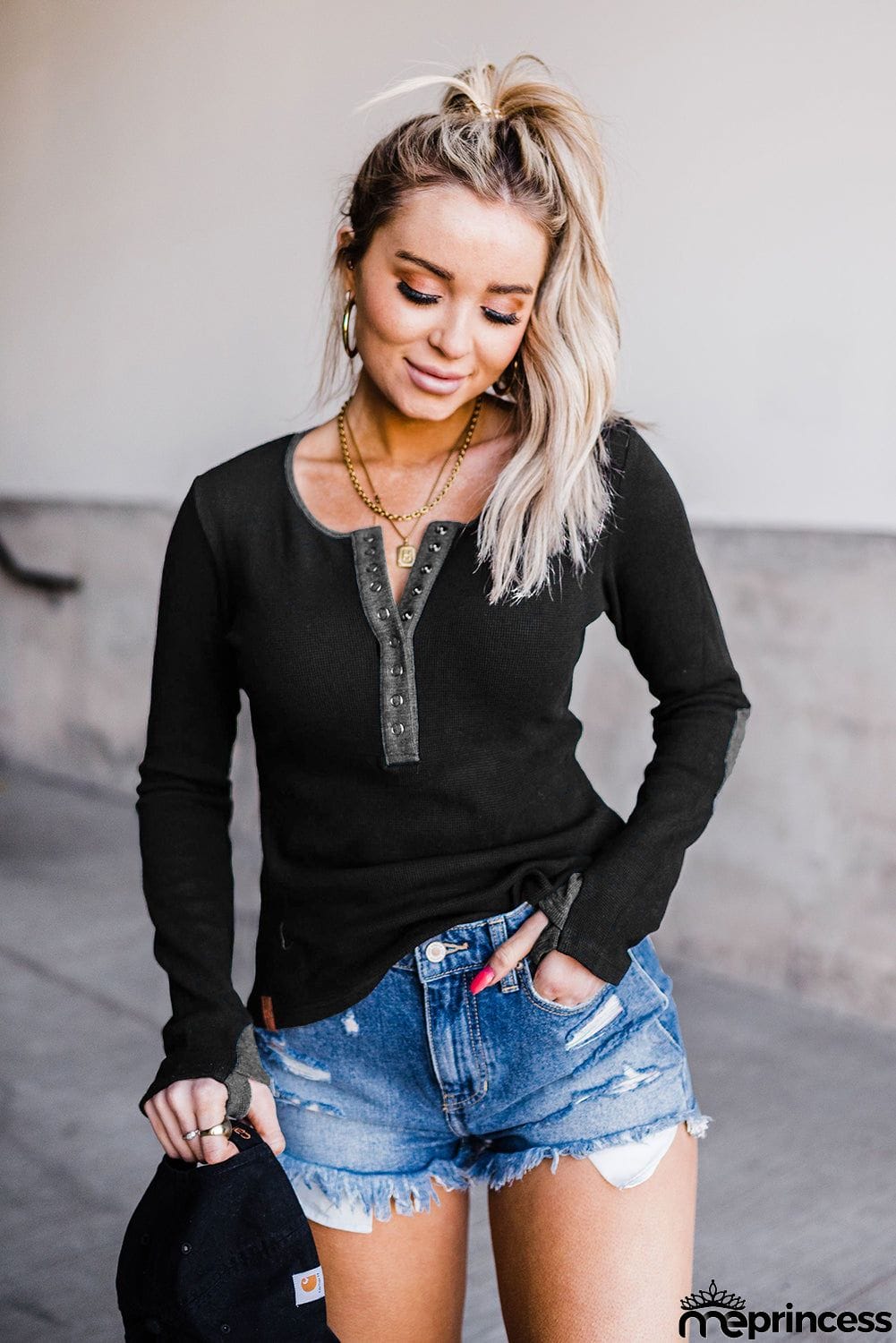 Contrast Elbow Patch Black Long Sleeve Top