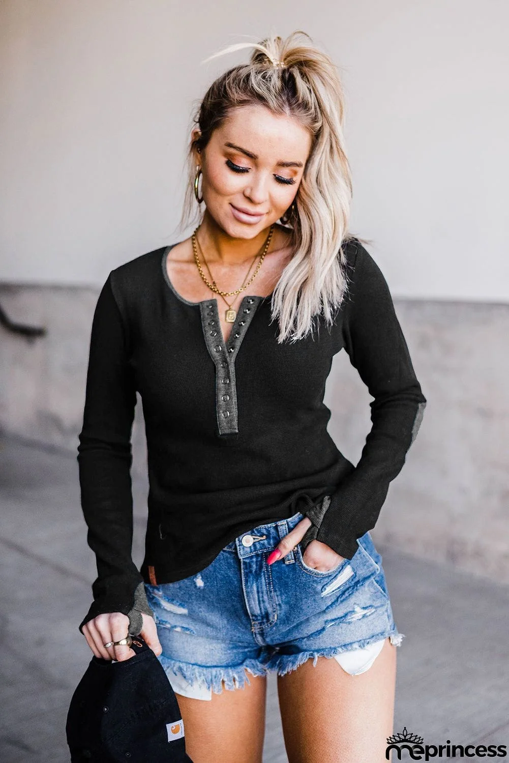 Contrast Elbow Patch Black Long Sleeve Top