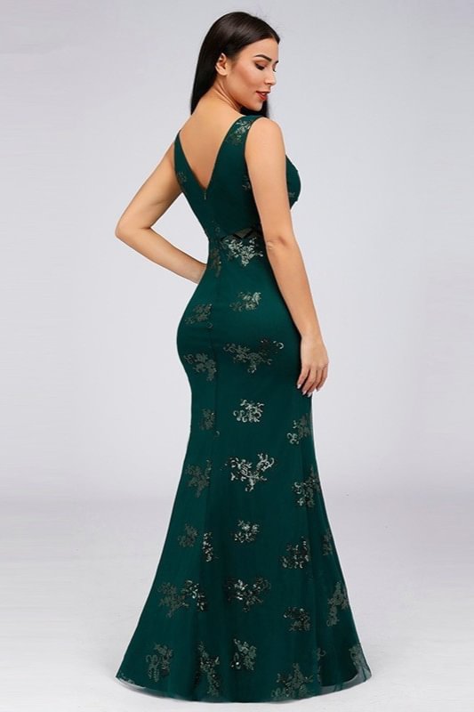 Vintage Green V-Neck Sequins Prom Dress Long Mermaid Evening Party Gowns