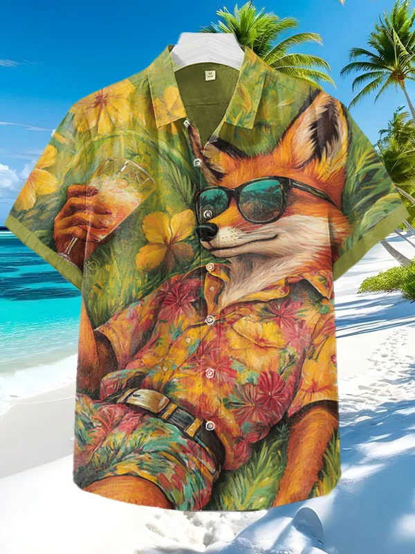 Men's Leisure Fox Flower Field Print Vacation Shirt