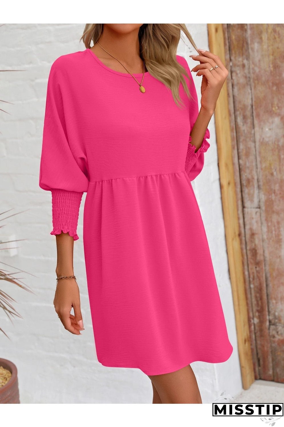 Round Neck Lantern Sleeve Mini Dress