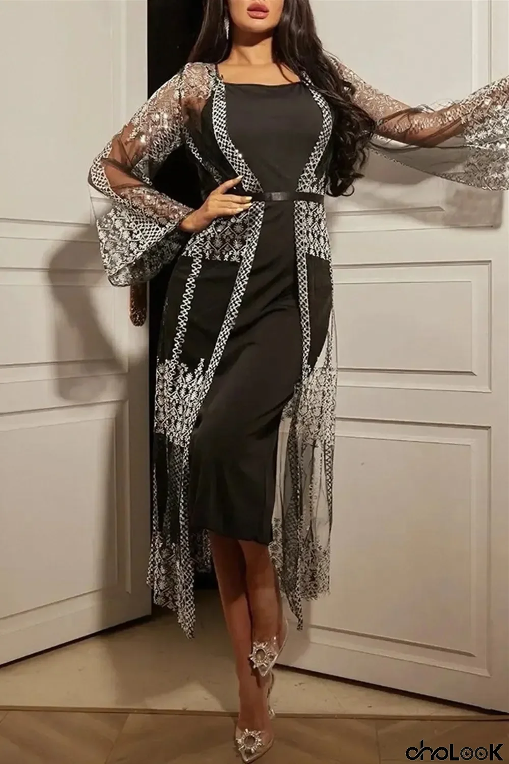 Black Fashion Sexy Bronzing O Neck Long Sleeve Two Pieces