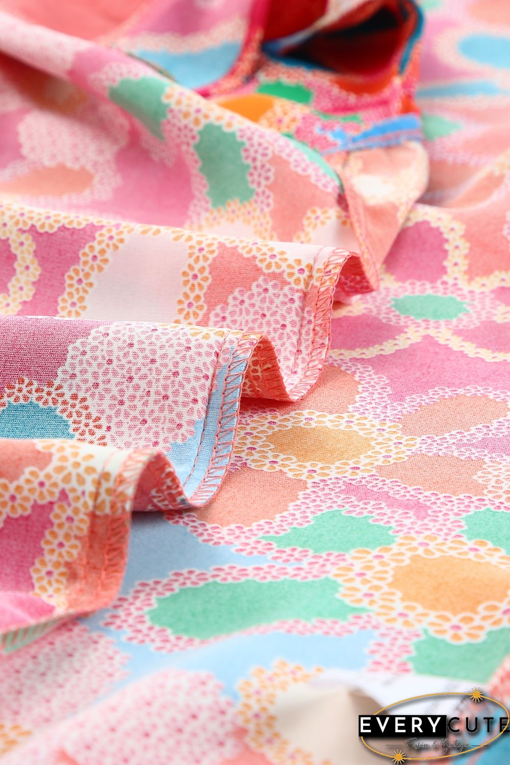 Pink Embroidered Detail Floral Print Ruffle Trim Tank Top