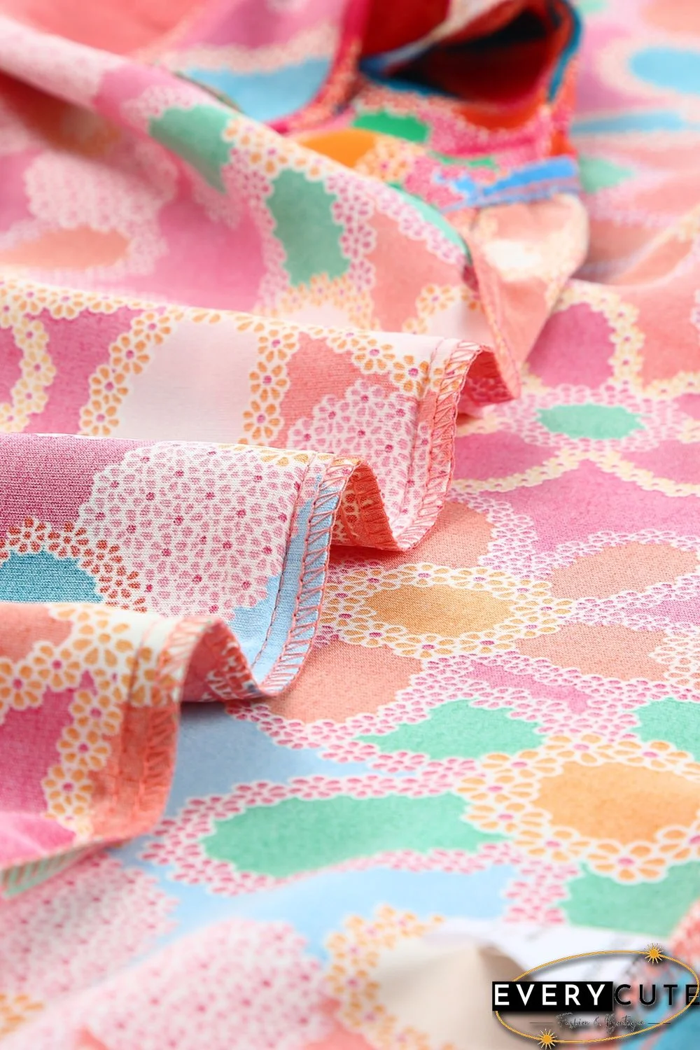 Pink Embroidered Detail Floral Print Ruffle Trim Tank Top