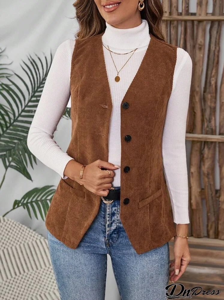 Women's Casual Button Front V-Neck Vest Jacket, Autumn