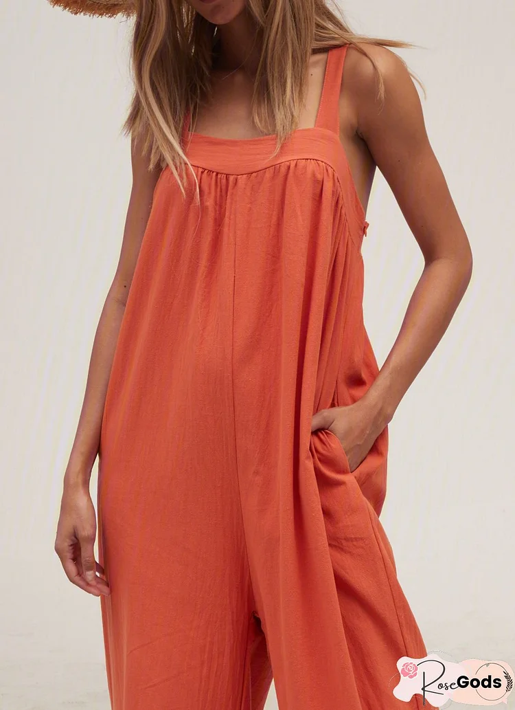 Solid Sleeveless Spaghetti Jumpsuit Wide Leg Jumpsuits