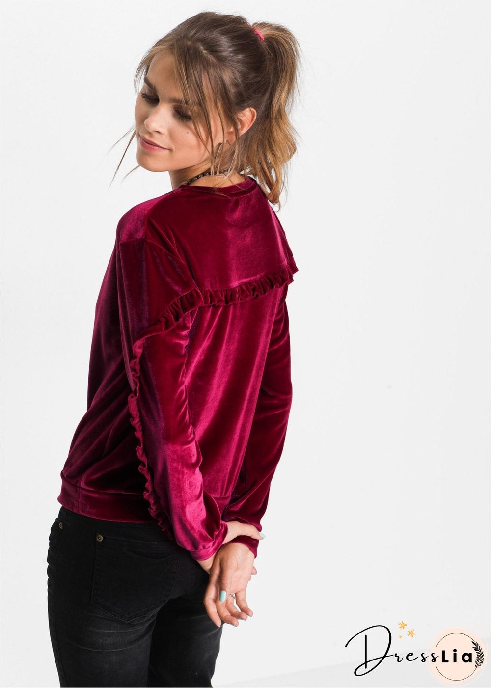 Round Neck Velvet Ruffled Velvet Shirt