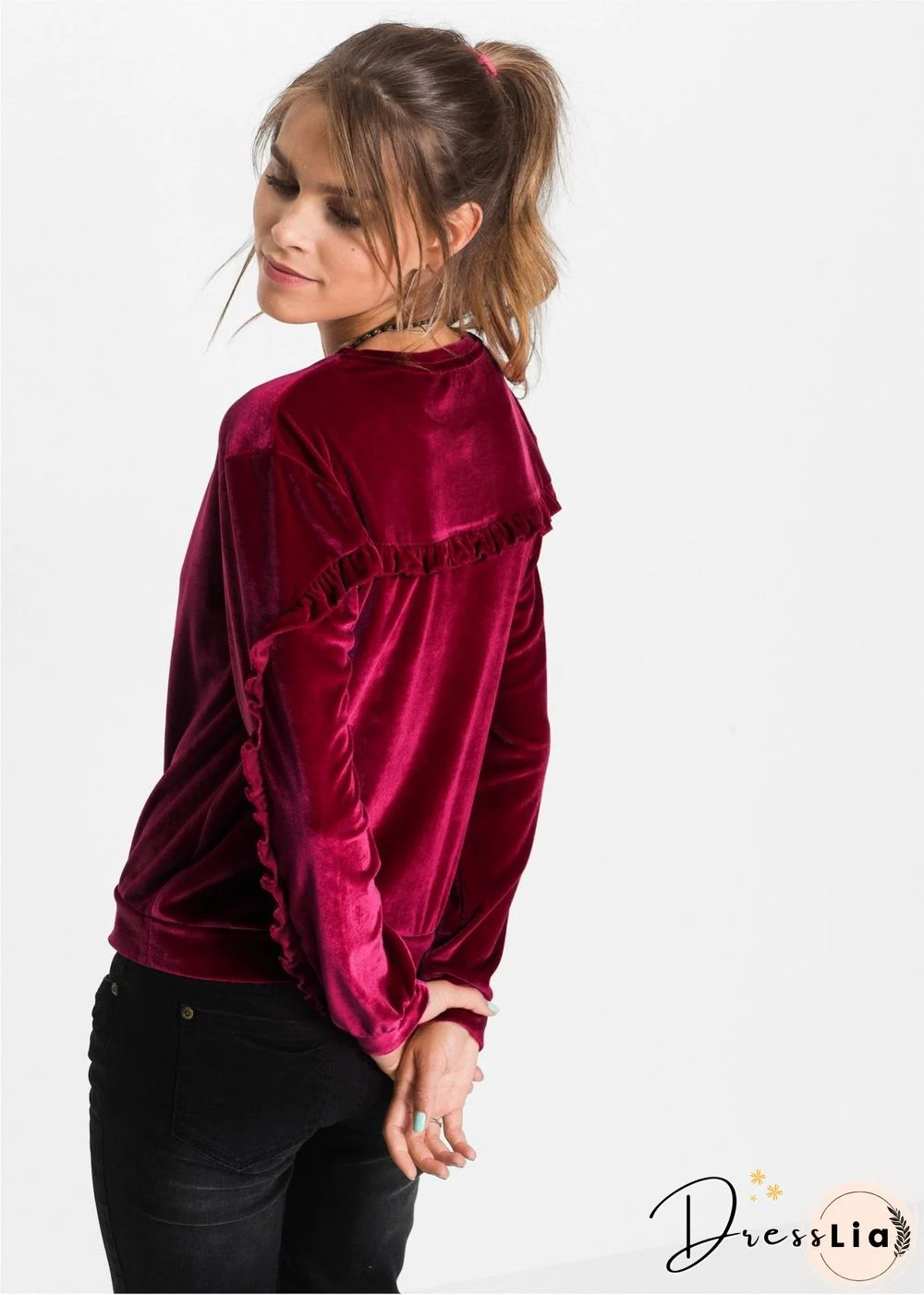 Round Neck Velvet Ruffled Velvet Shirt