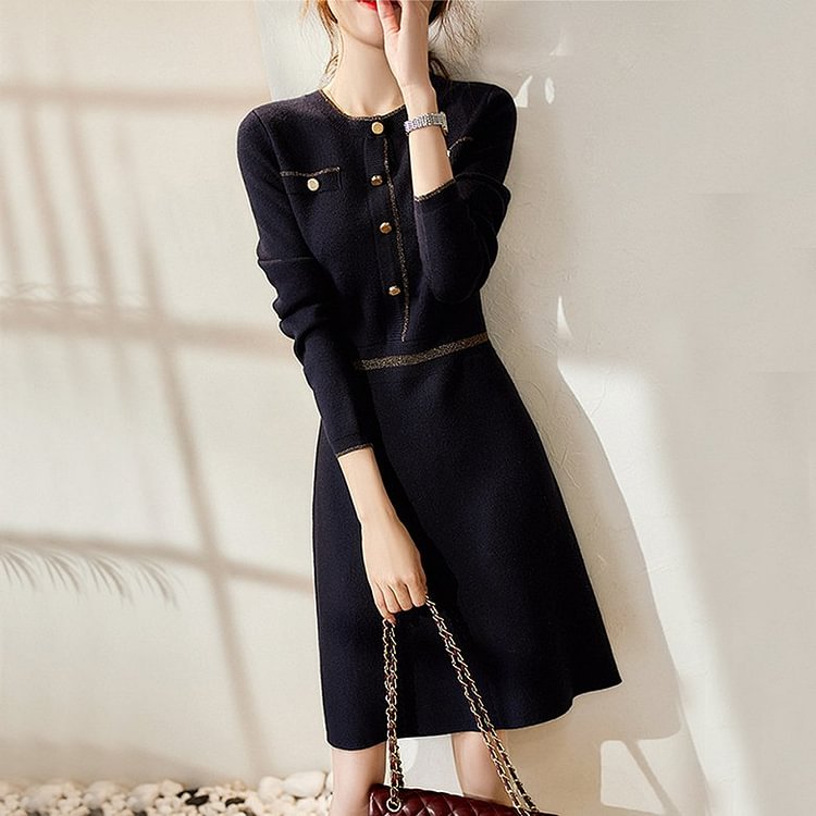 Navyblue Knitted Cotton-Blend Elegant A-Line Dresses
