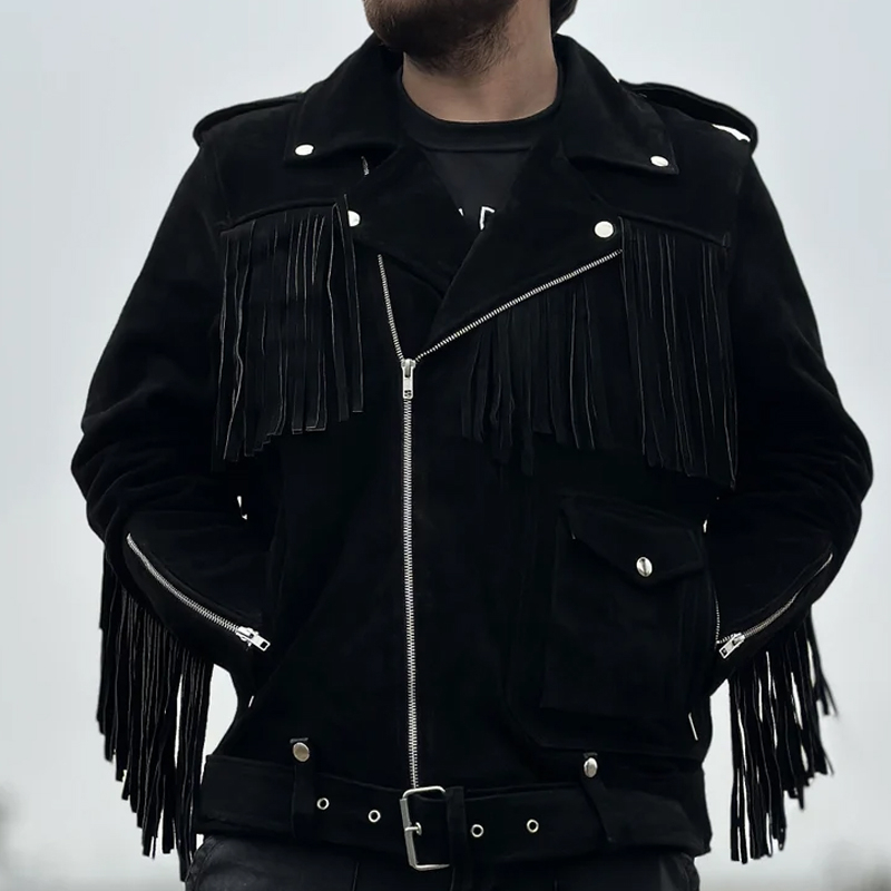 Men's Vintage Black Suede Fringed Jacket