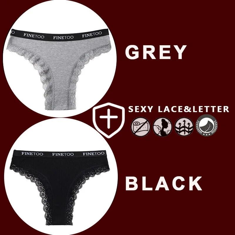 FINETOO 2PCS/Set Women's Cotton Panties Girls Letter Thongs Brazilian Pantys Sexy Lace Underwear For Woman Lingerie Bikini Panty