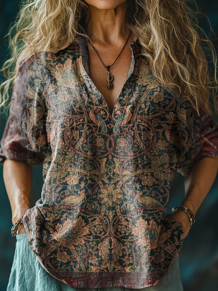 Women's Retro Flowers Print Casual Linen V-neck Shirt