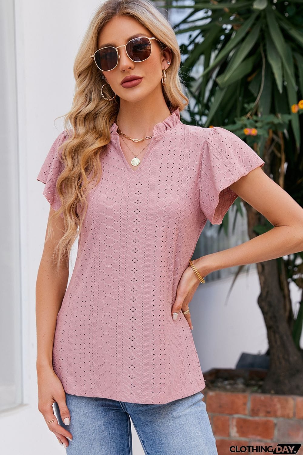 Notched Neck Puff Sleeve Blouse