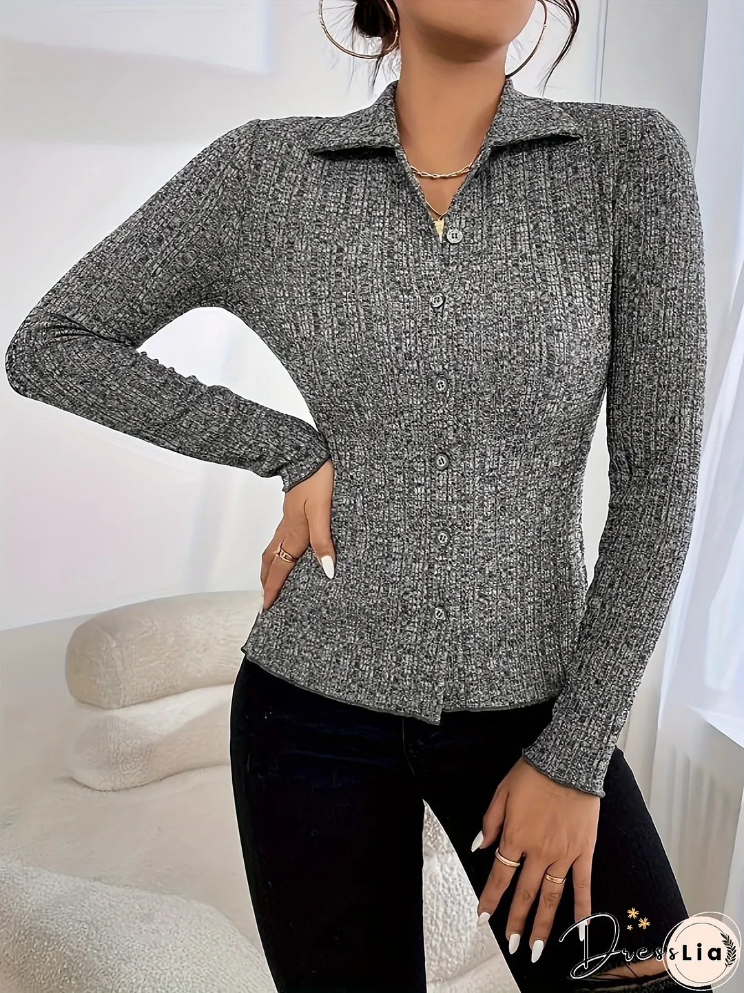 Solid Button Down Knit Cardigan-Elegant Turndown Collar Long Sleeve Slim Sweater Womens