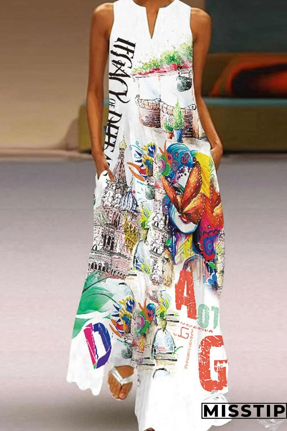 Colour Casual College Print Patchwork V Neck Long Dress Dresses