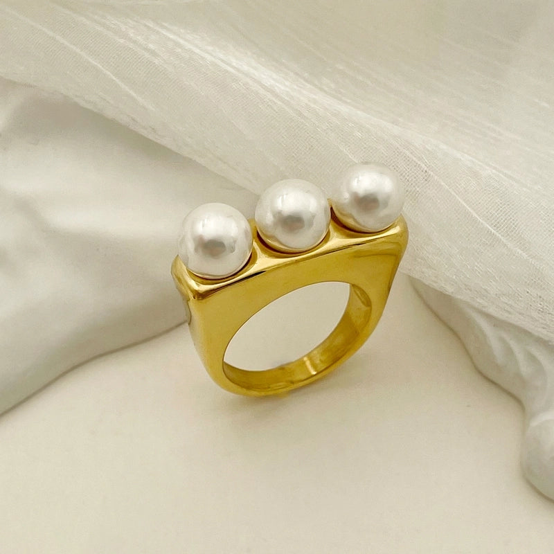 Fashion Geometric 304 Stainless Steel Pearl 14K Gold Plated Plating Inlay Stainless Steel Rings