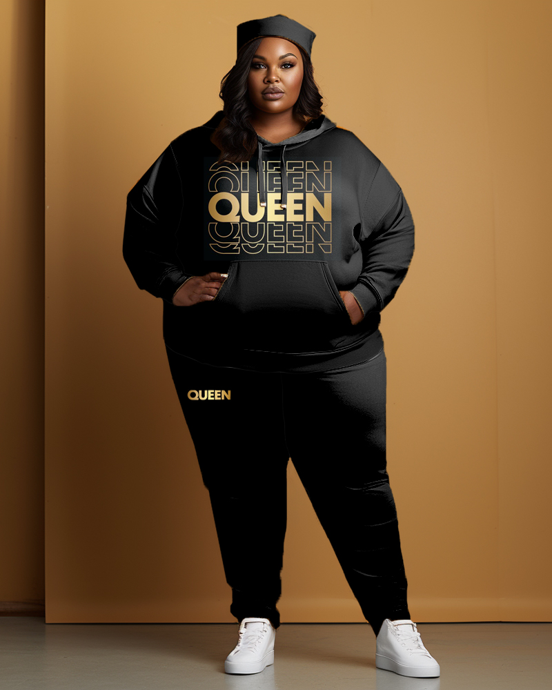 Women's Large Size Simple Style Art Letter Queen Hoodie and Sweatpants Set