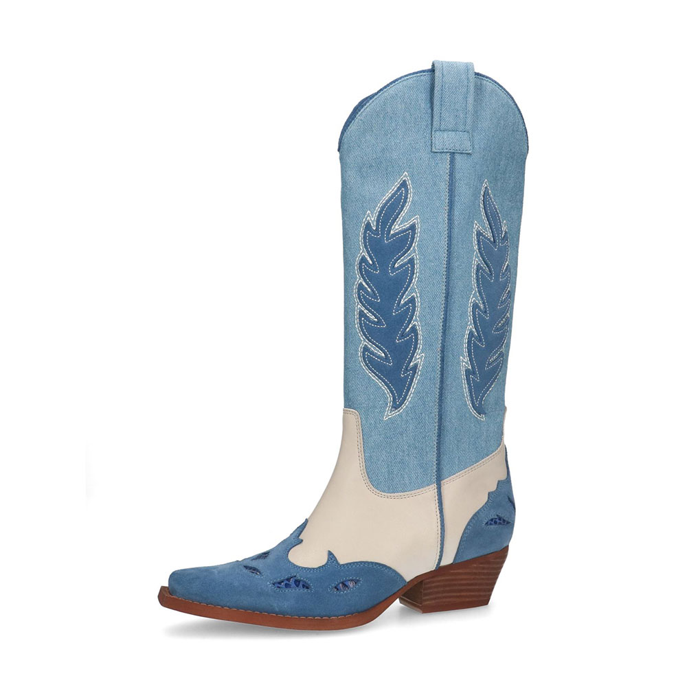 Blue & White Denim Stitching Decor Mid-Calf Heeled Cowgirl Boots