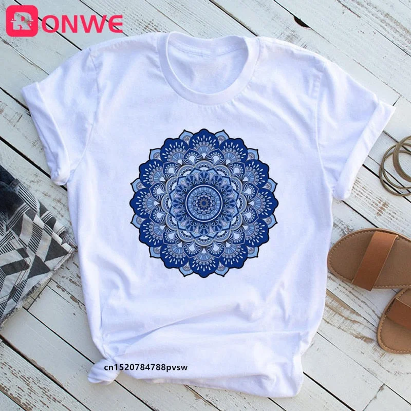 Mandala Flowers Stripes Thermo Funny Women T-shirt Girl  Summer 90S Print Tops Tee,Drop Ship