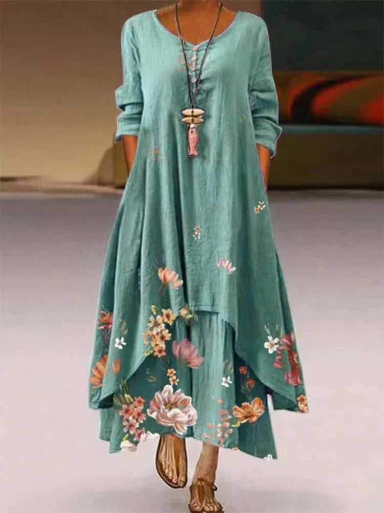 Vintage Casual Loose Floral Print Long Sleeve Long Dress