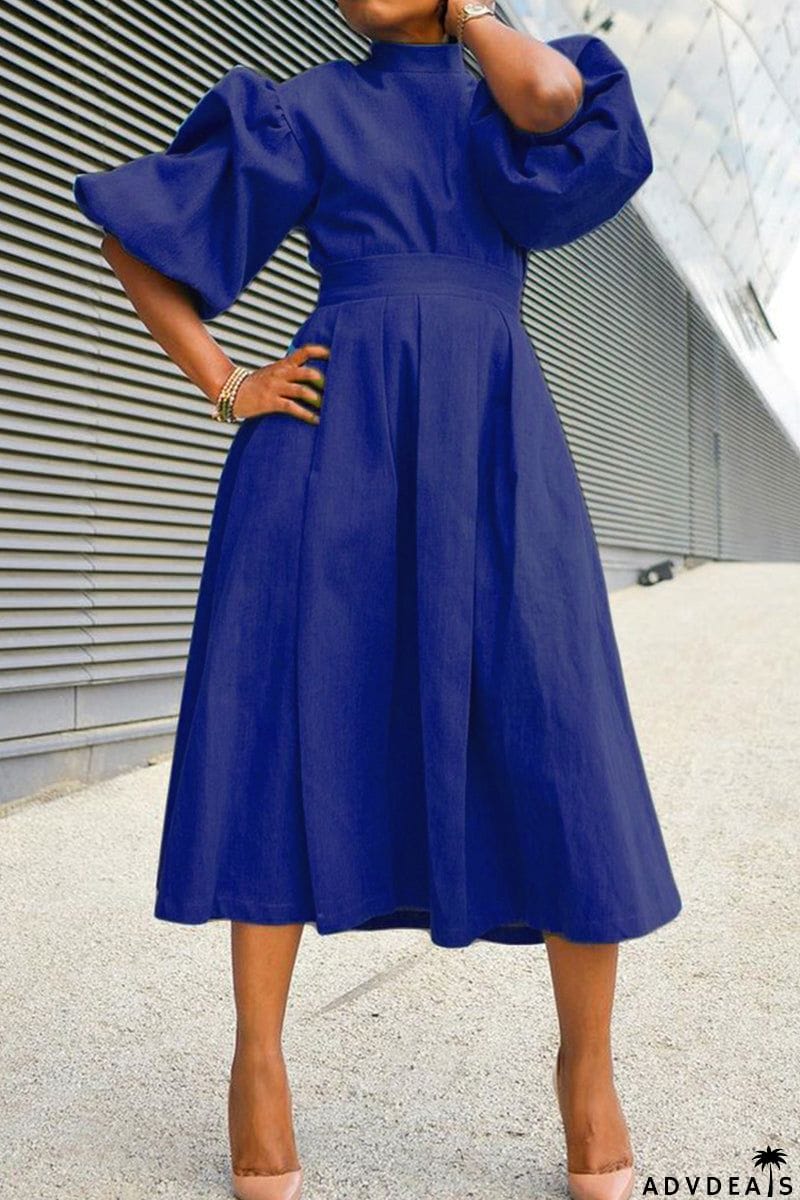 Turtleneck Neck Puff Sleeve Midi Dress