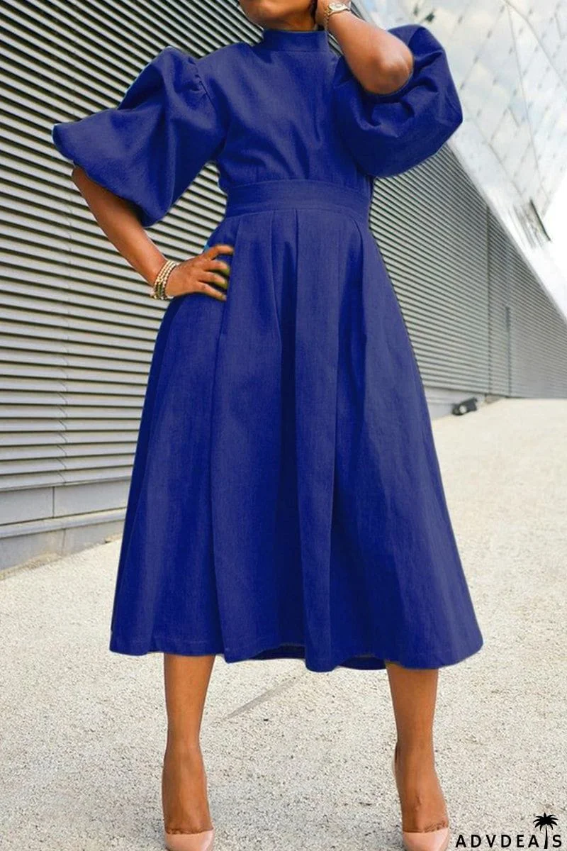 Turtleneck Neck Puff Sleeve Midi Dress