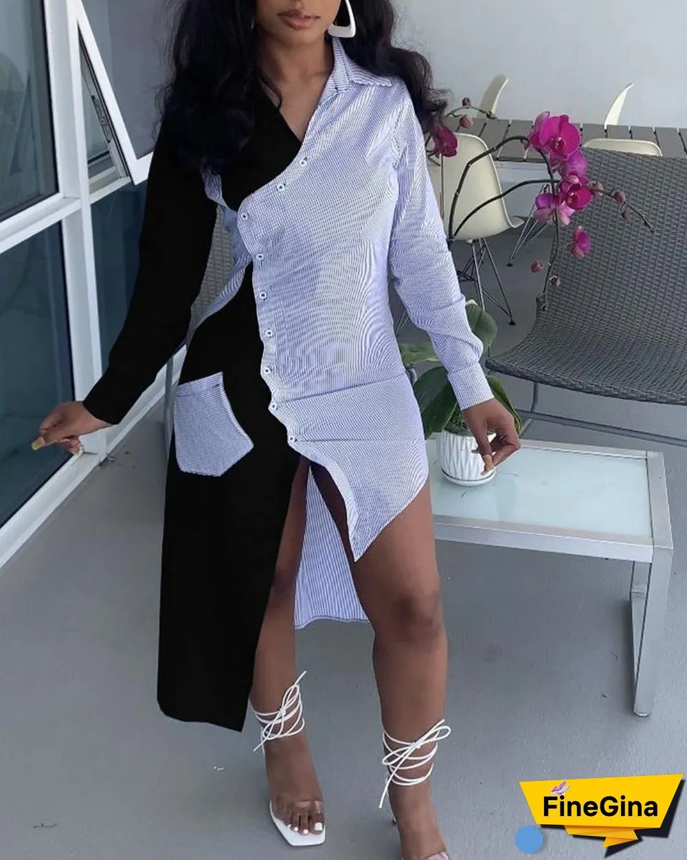 Colorblock Button Pocket Design Shirt Long Dress
