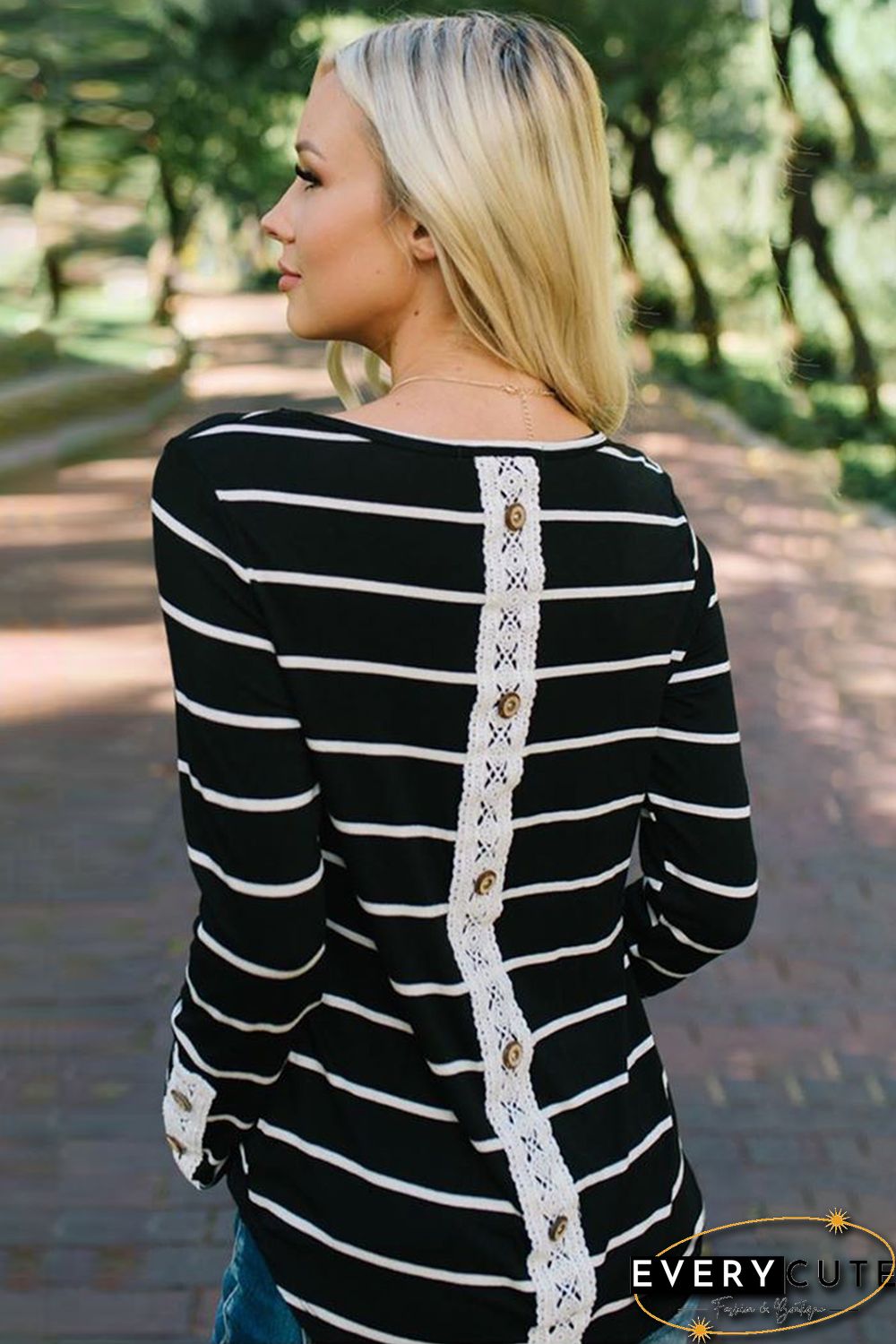 Striped Long Sleeve Top with Feather Cuffs - Black