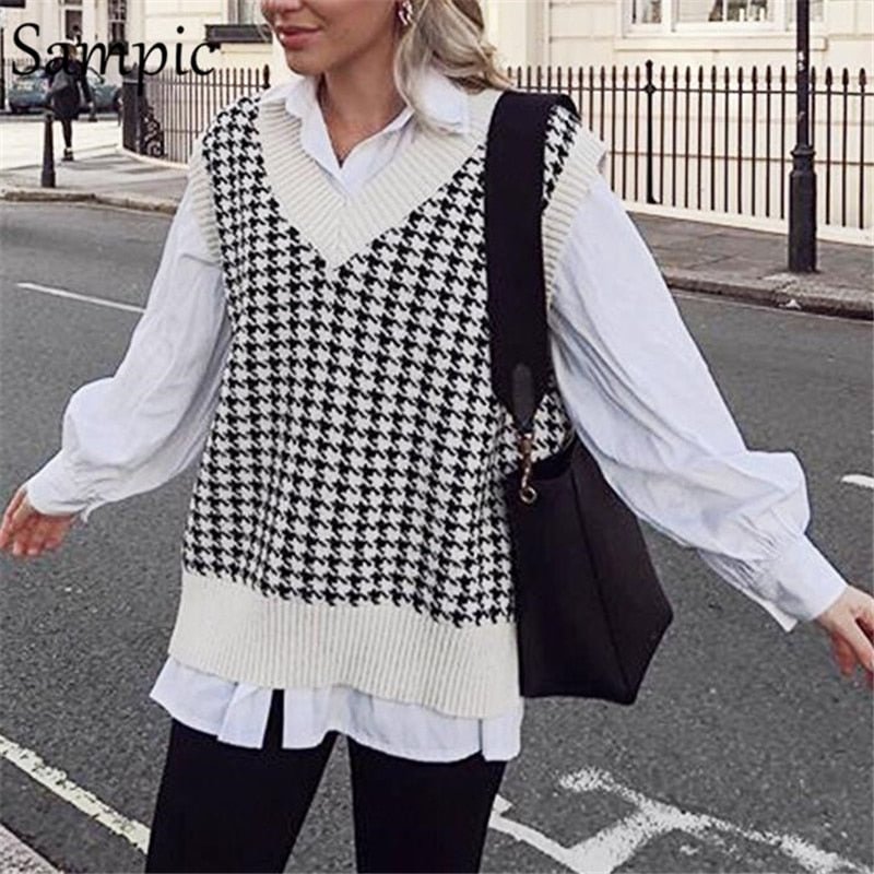 Sampic Autumn 2020 Women Y2K Beige Houndstooth Sweater Vest Off Shoulder Pullover Knitted Sleeveless Fall Casual Tops Jumper