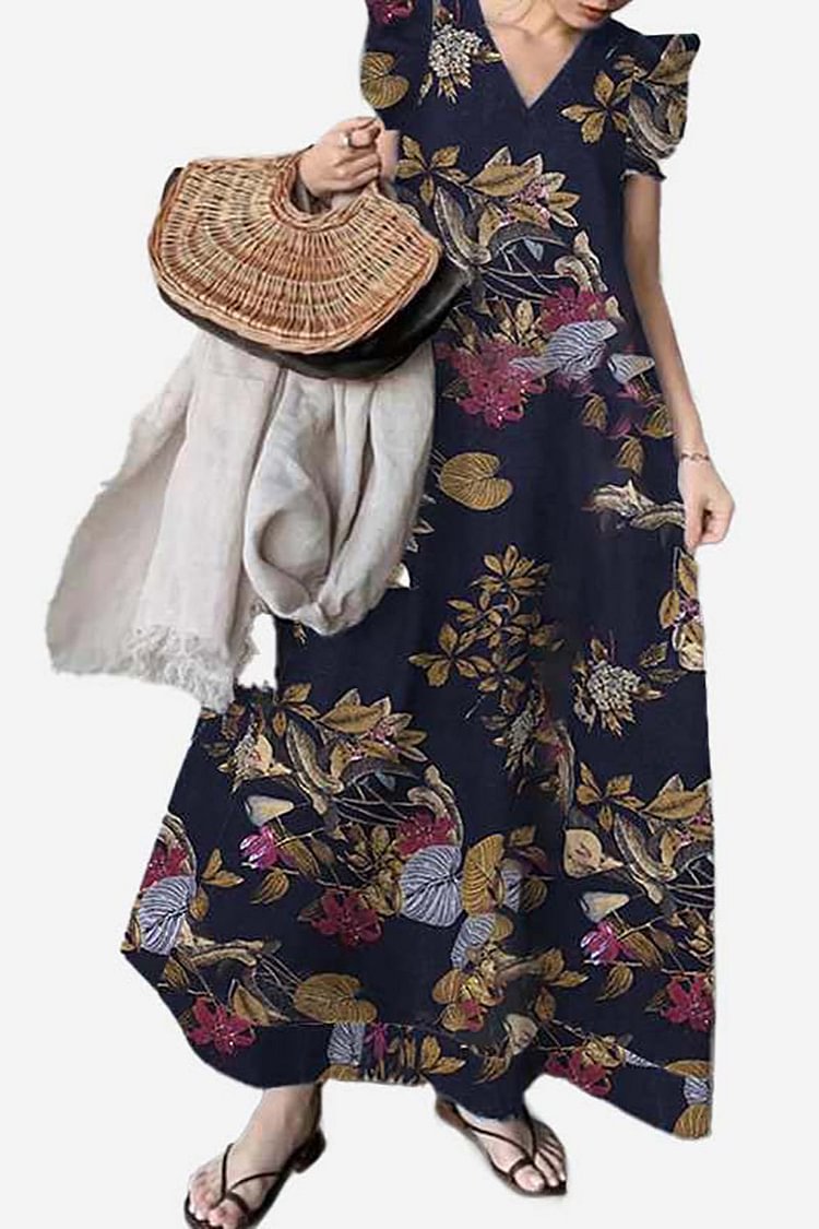 V Neck Petal Sleeve Floral Print Vacation Linen Dress