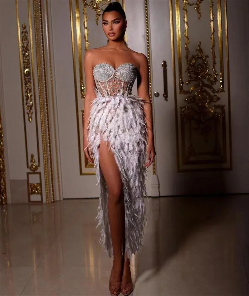 Brownm Gorgeous Feather Water Drill Nails Beads Sexy Perspective High Open Fork T-Breast Dress Birthday Party Party Dress