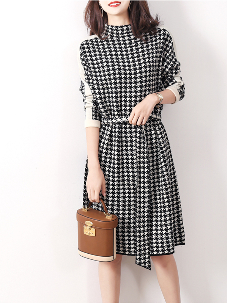 Elegant Long Sleeves Knitted Vintage Ties Fashion Dress