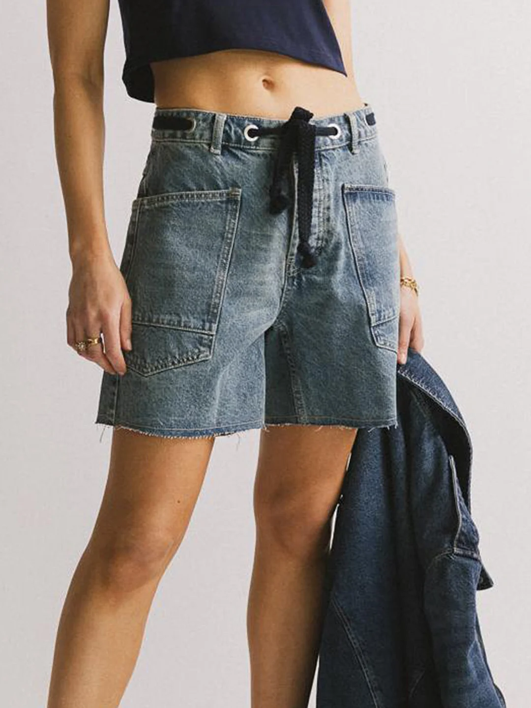 Women's Retro Wide Leg Denim Shorts - Summer Casual Streetwear With Adjustable Drawstring Waist & Multiple Pockets, Machine Washable, Warm Weather Outfit, Vintage Style, Sturdy Construction, Fashion Enthusiast | IFYHOME