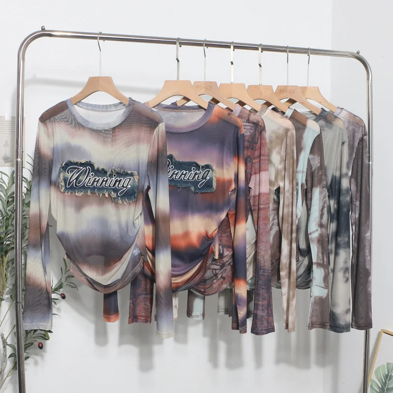 Churchf Real Shooting New Long-Sleeved Mesh Spliced Embroidered Denim Bottom T-Shirt Sun Folding Short Top 2582