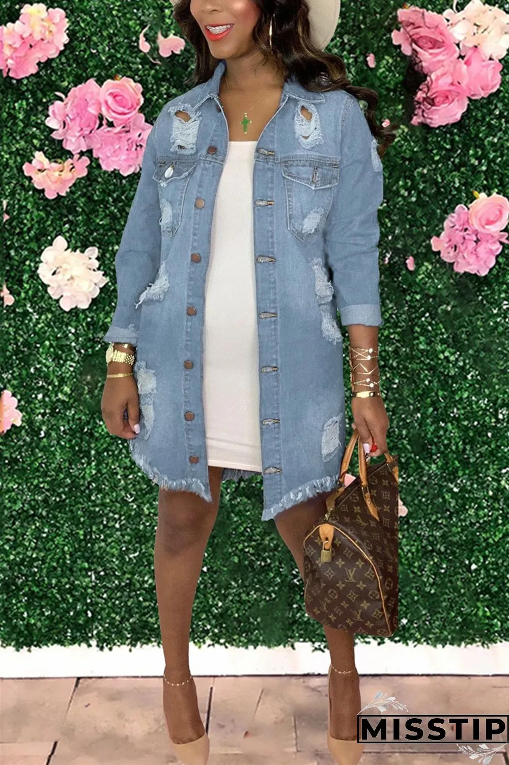 Dark Blue Fashion Casual Solid Ripped Turndown Collar Long Sleeve Regular Denim Coats