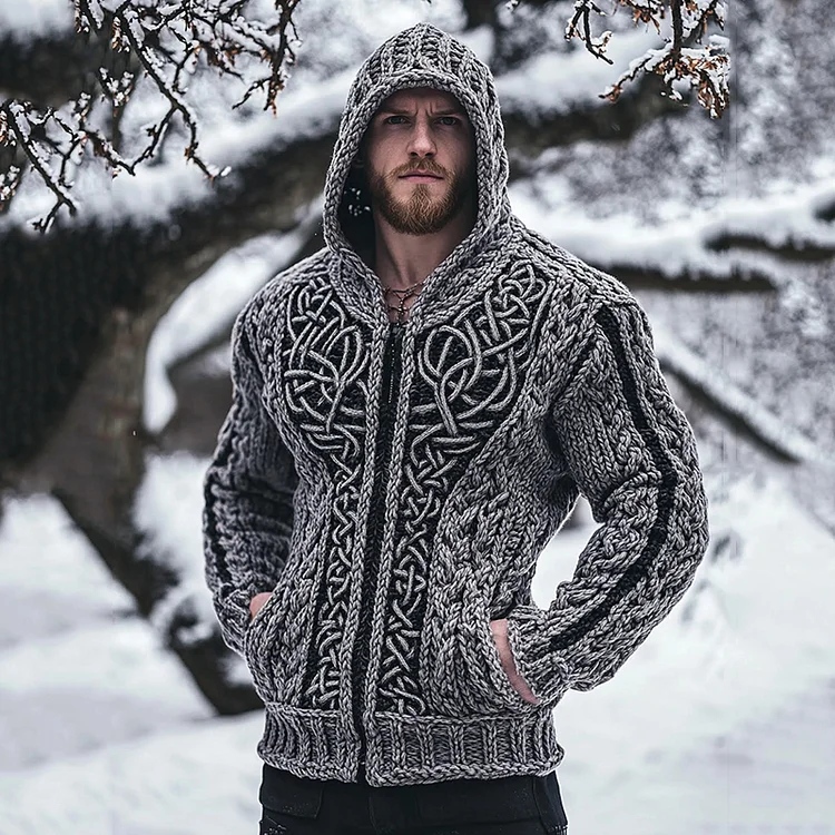 VChics Men's Viking Tribal Celtic Knit Cozy Zipper Hooded Sweater