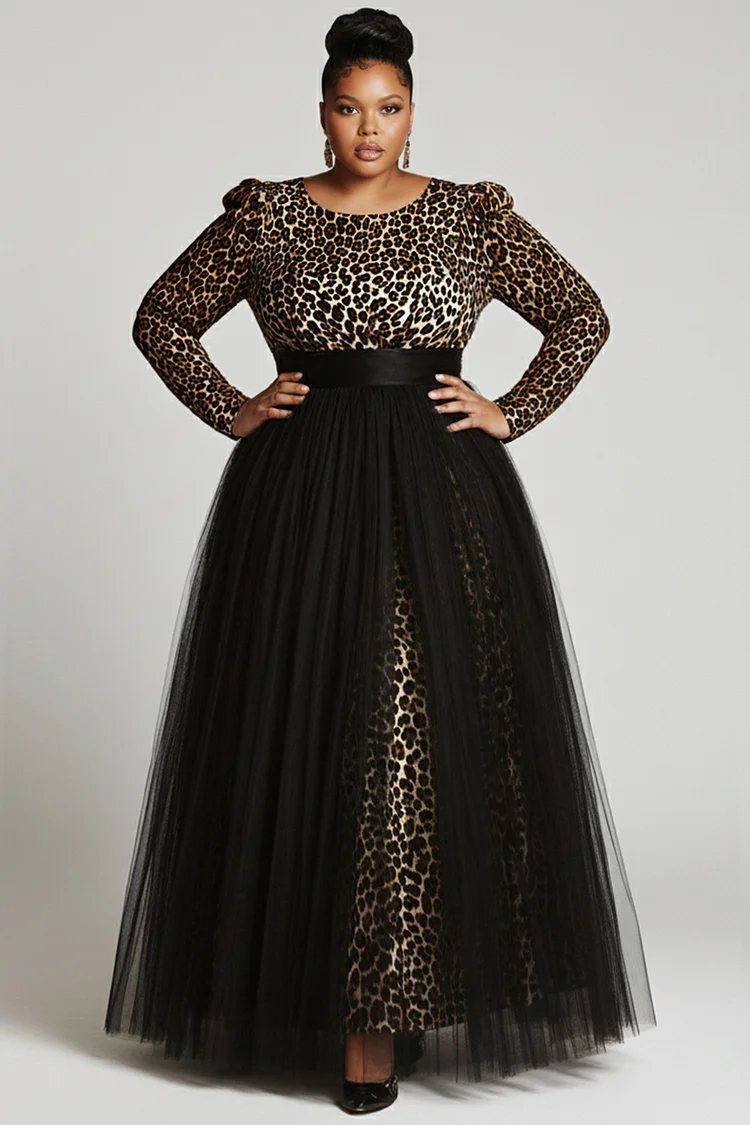 Xpluswear Design Plus Size Formal Black Leopard Round Neck Long Sleeve Contrast Elegant Tulle Maxi Dresses 2024 - Xpluswear