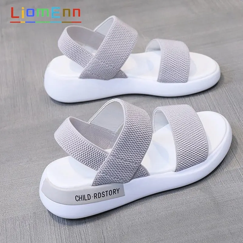 Women's Sandals 2021 Summer Elastic Fabric Flat Sandals Women Ladies Gray Pink Sandal Female Beach Shoes designer zapatos mujer