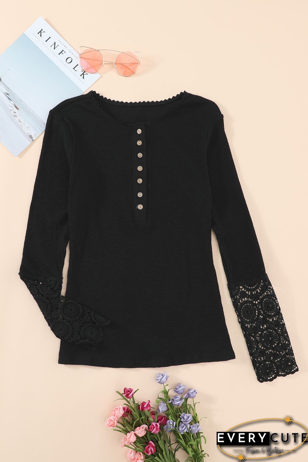 Black Crochet Lace Hem Sleeve Button Top
