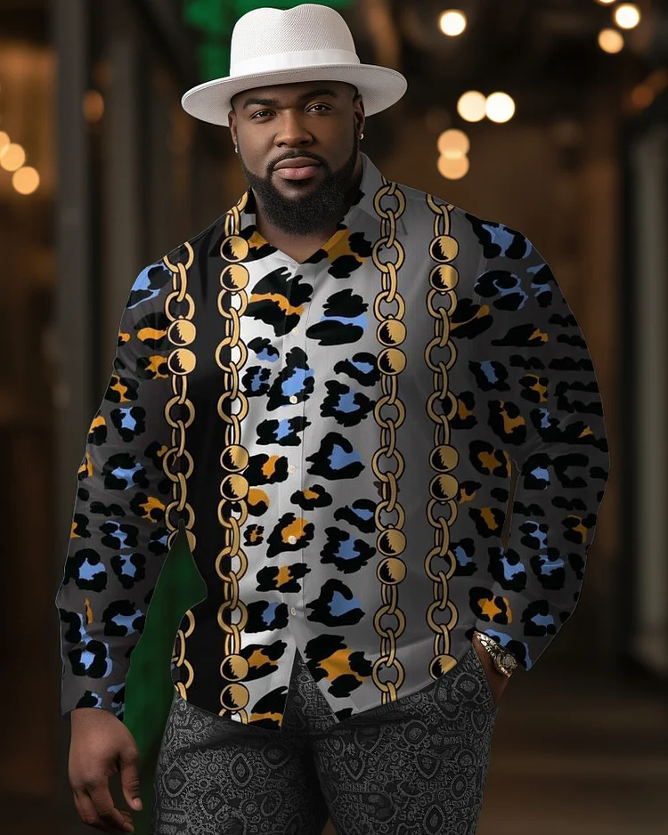 Men's Large Size Casual Leopard Print Chain Color Block Textured Long Sleeve Lapel Long Sleeve Shirt