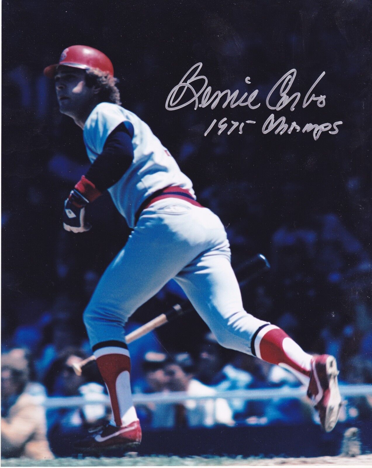 BERNIE CARBO BOSTON RED SOX 1975 AL CHAMPS ACTION SIGNED 8x10