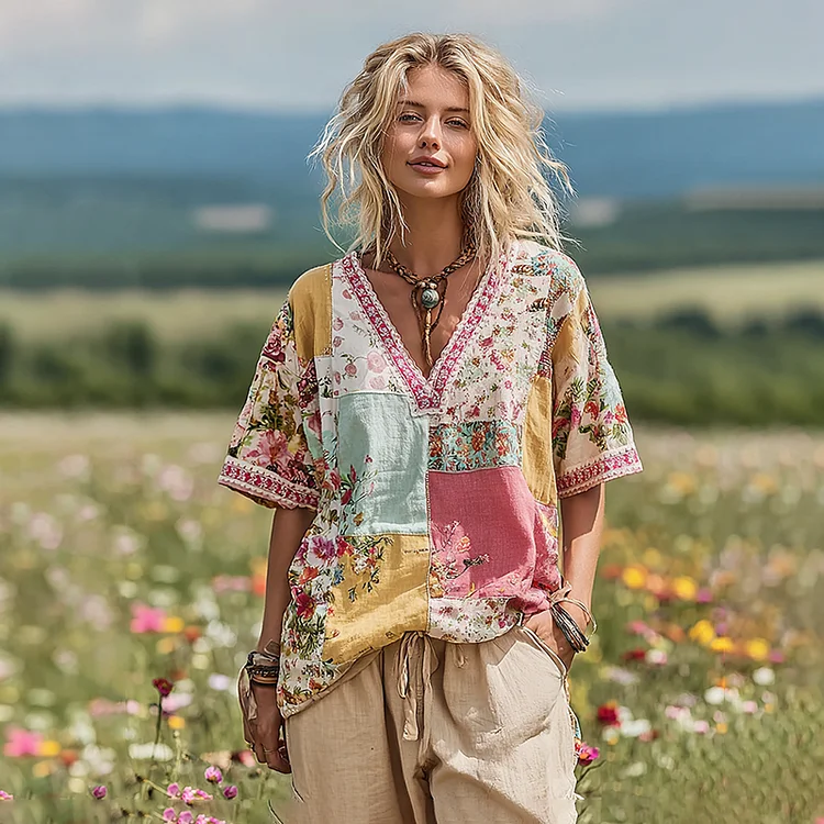 Women's Vintage Floral Art  V-neck T-shirt