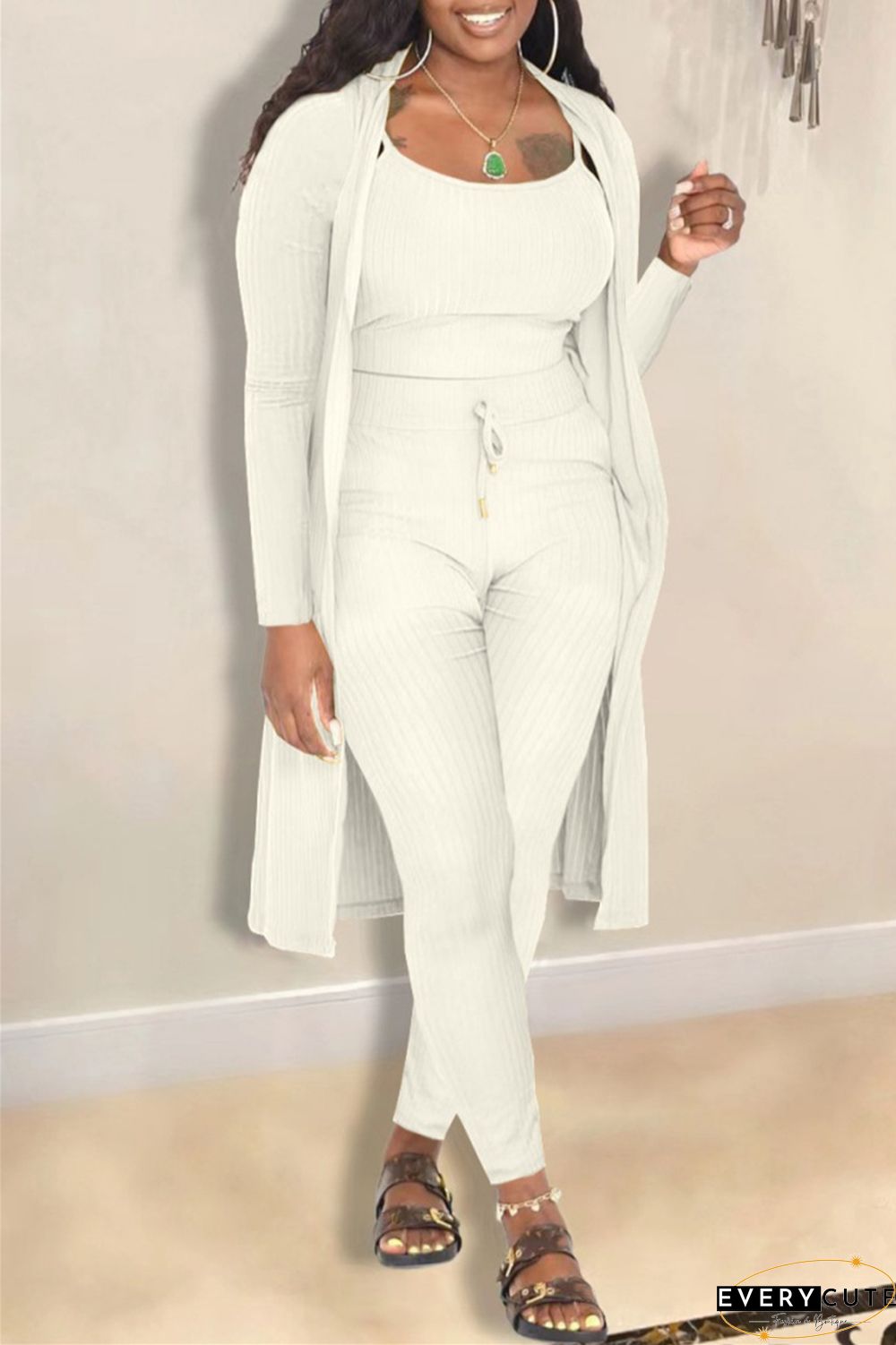 Casual Solid Cardigan Vests Pants Long Sleeve Three Piece Set