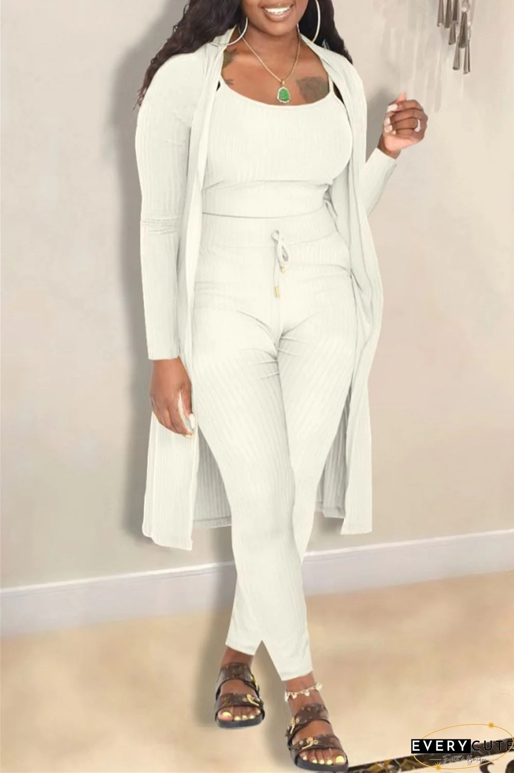 Casual Solid Cardigan Vests Pants Long Sleeve Three Piece Set