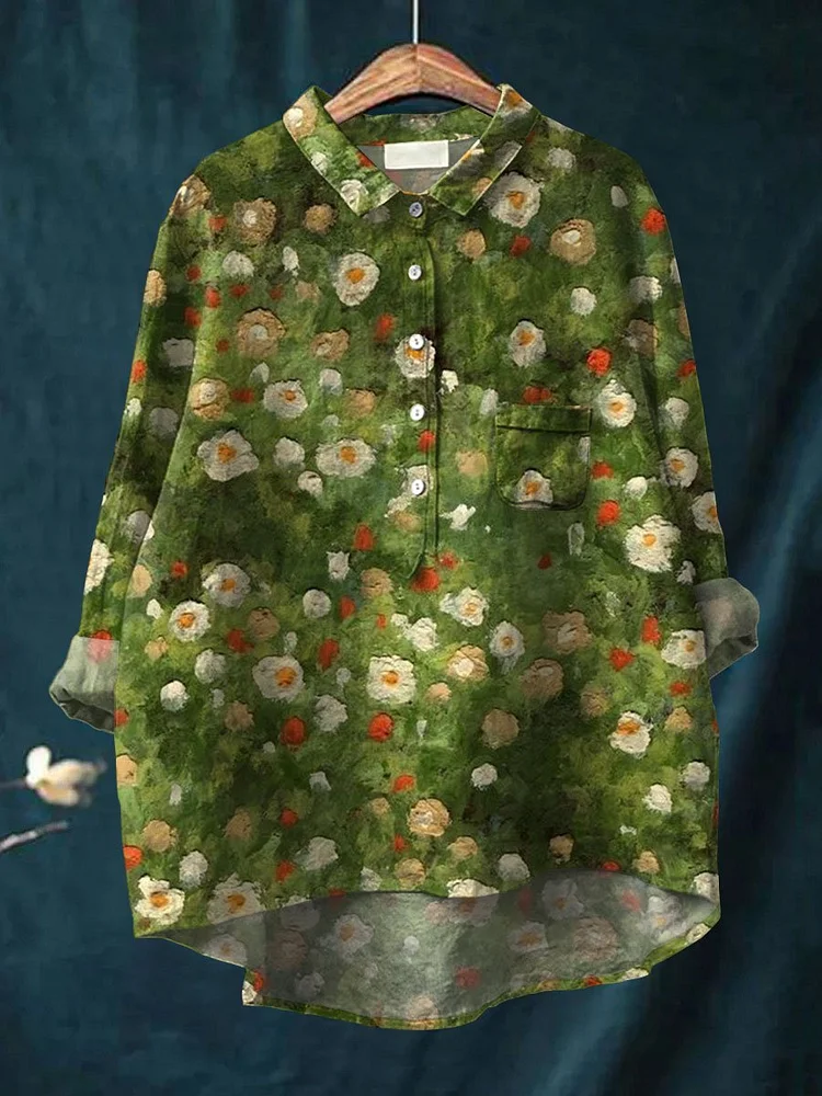 Women's Oil Flower Art Print Casual Cotton And Linen Shirt